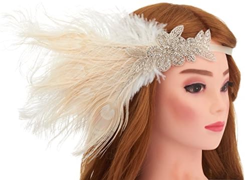 Women's Peacock Gatsby Party Wedding Headband with Ribbon Flapper Costumes Accessories Peacock Headband with Feather (white)