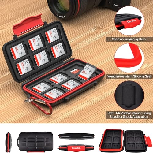 Kiorafoto Soporte Profesional Impermeable y a Prueba de Golpes almacena la Cubierta Protectora de la Tarjeta de Memoria SD sdhc sdxc TF, con Gancho y Anillo de 12 Tarjetas SD y 12 Tarjetas SD Micro