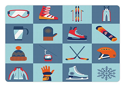 Sports Pet Mats for Food and Water by Lunarable, Ice Skating Winter Sports Skiing Boot Cap Glasses Skates Snowboard, Rectangle Non-Slip Rubber Mat for Dogs and Cats, Slate Blue Turquoise Orange