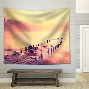 After Purple Sunset, Peaceful sea Landscape. - Fabric Wall Tapestry Home Decor - 51x60 inches