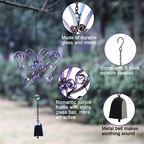 CEDAR HOME Wind Chime Unique Outdoor Indoor Hanging Mobile Bell Windchime for Garden Lawn Yard Patio Waterproof Metal Glass Home Decor, 6.5" W x 1.5" D x 20" H, Butterfly - Thumbnail 2