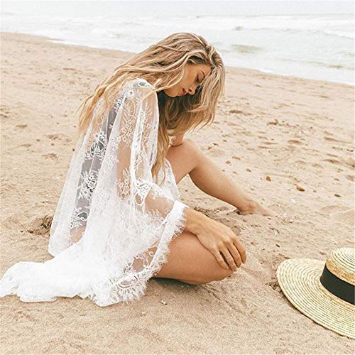 CofeeMO Women's Sheer Lace Maxi Cardigan Beach Cover Ups,Flare Sleeve Airy Sexy Summer Tops Shawls(White,L)