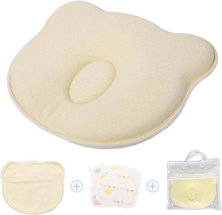 Azeekoom Baby Pillow, Baby Head Shaping Flat Head Pillow 0-12 Months with Washable Pillow Case and 2 Bibs for Baby and Infant Flat Head Syndrome Prevention and Head Support