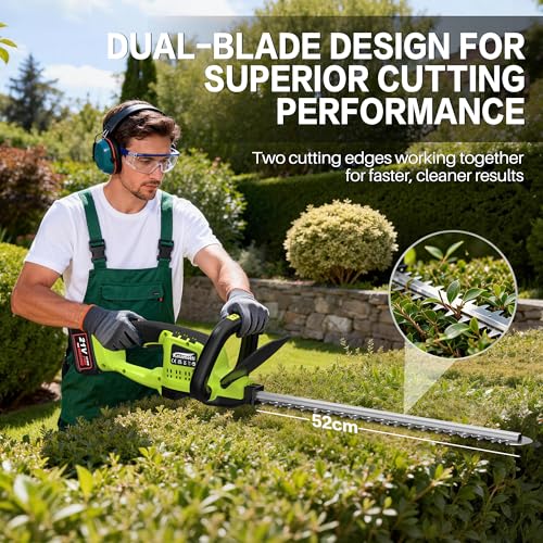 Kalamotti Cordless Hedge Trimmer, 52cm Blade Dual Action Blades Lightweight, Hedge Trimmer Cordless Hedge Cutter with 2x21V Batteries and Charger Included, Trimmer Pruning Branch for Fence, Grass Trim