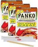 Kikkoman Whole Wheat Panko Japanese Style Bread Crumbs, 8 Ounce Box (Pack of 3) with 2 Sets of By The Cup Chopsticks