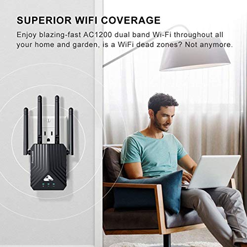Prescitech WiFi Range Extender X12, Covers Up to 1500 Sq Ft and 25 Devices with AC1200 Dual Band Wireless Signal Booster, Internet Repeater, Extends Wi-Fi to Home & Garden