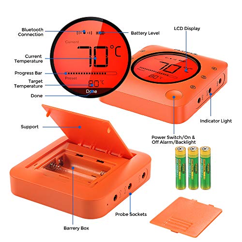 Meat Thermometer, HOMFUL Bluetooth Digital Oven BBQ Bake Thermometer, Wireless Remote APP Controlled Grill Thermometer with 6 Stainless Steel Probes for Cooking, Baking, BBQ, Oven and Smoker