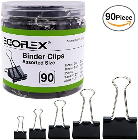 EGOFLEX 90 Piece Binder Clips Paper Clamps Black Assorted 5 Sizes Organizer for Memo Notes Letter Legal Paper Office (Large, Medium, Small, Mini, Micro)