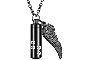 abooxiu Cylinder Cremation Necklace for Pet Ashes Urn Necklace with Angel Wing Pet Paw Ashes Necklace for Dog/Cat Pet Memorial Keepsake Jewelry