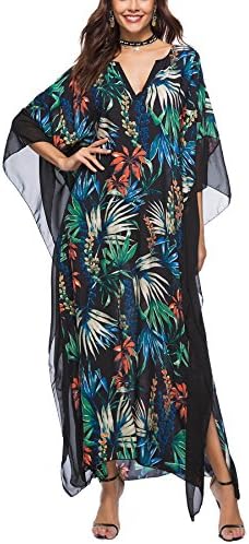 JYUAN Women's Floral Kaftan Tunic Dress V Neck Loose Beach Maxi Dresses Cover Up