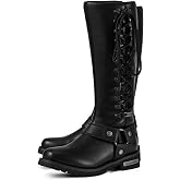 Dream Apparel Women's Harness Motorcycle Riding Boots for Biker, Square Toe Lace Up Knee High Boots with Side Zipper, Black PU Leather Footwear Ladies