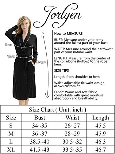 Cotton Robe Soft Kimono Spa Knit Bathrobe Lightweight Long Sleepwear Nightwear - House Coat for Her - Black, M