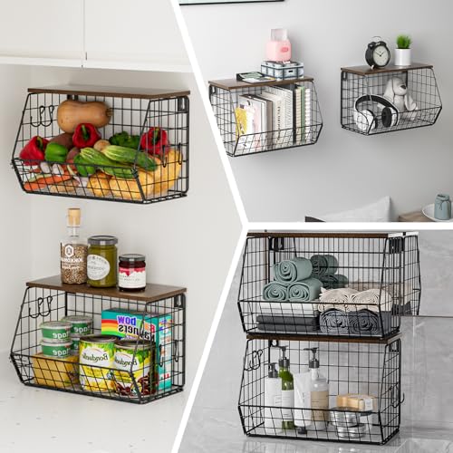 Gaethra 2 Pieces Kitchen Fruit Bowls 30 x 16.5 x 20 cm Removable and Foldable with Banana Hook and Wooden Lid Fruit Basket Rack Baskets for Fruits, Organize Kitchen and Store Vegetables (Black)