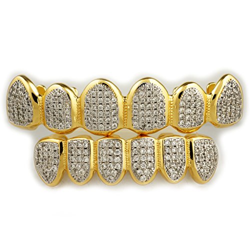 18K Gold Plated CZ Micro Pave Top Bottom CUSTOM GRILLZ SET Rhodium Teeth Gril...