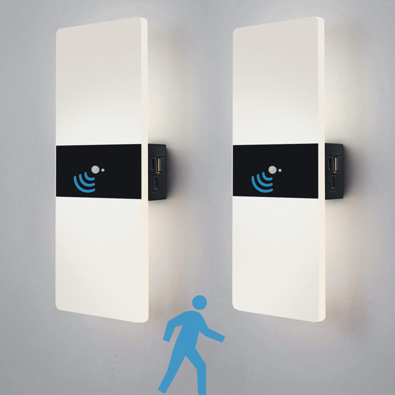 VOMI LED Wall Light with Motion Sensor, Cordless Wall Lamp USB Rechargeable Magnetic Lamps Set of 2, Cold White 6000K Wall Socnce Lighting for Hallway Stairs