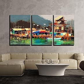3 Piece Canvas Wall Art - Seascape Painting Showing Old Fishing Village,Digital Painting - Modern Home Art Stretched and Framed Ready to Hang - 16"x24"x3 Panels