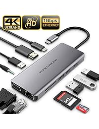 POWLAKEN - Adaptador USB C 11 en 1 con Ethernet, 4 K USB C a HDMI, VGA, 2 USB 3.0 2 USB 2.0 PD, lector de tarjetas SD TF, compatible con Mac Pro y otros portátiles tipo C