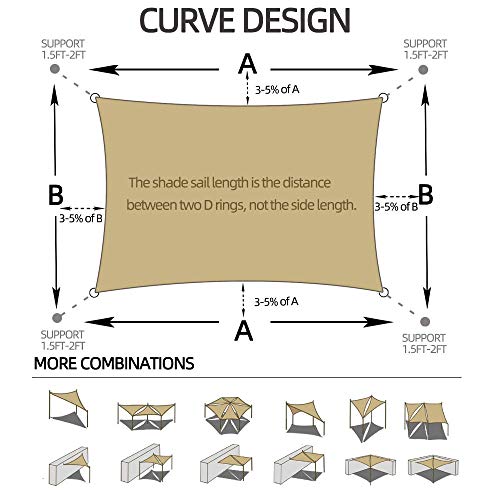 BeGrit Voile d\'ombrage rectangulaire perméable à l\'air Protection Contre Le Soleil HDPE (185g/m2) Bloque 95% Rayons UV avec Le Kit de Fixation pour Terrasse Camping Extérieur Jardin Sable (2M x 3M)