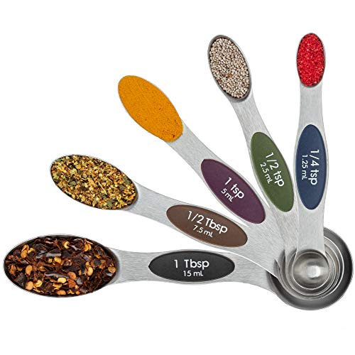 Magnetic Measuring Spoons - 1/4 Teaspoon to Tablespoon - Set of 5 Stainless Steel Metal Measuring Spoon Set - Double Measure, Liquid and Dry - Magnet Nesting For Easy Kitchen Storage - Dishwasher safe