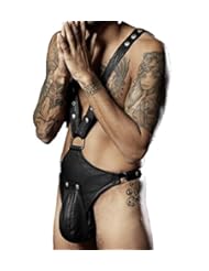 Apparel: YiZYiF Mens Faux Leather Harness Straps Bodysuit Clubwear Thong with Buckled Pouch Medium