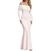 URYIAO Women Off The Shoulder Long Sleeve Maxi Dress Ruched Bodycon Winter Formal Wedding Guest Dresses