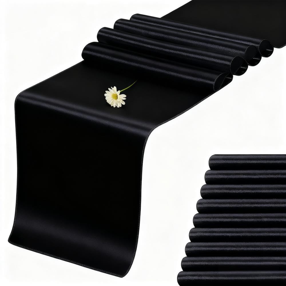 Photo 1 of 10 Pack Black Table Runners for Wedding, 12 x 108 inches Long Decorations for Birthday, Party, Banquet, Black Satin Table Runners fit Rectange or Round Table