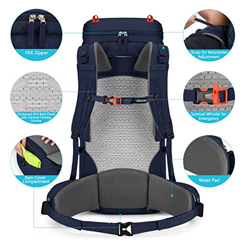 Gonex 55L / 65L Hiking Internal Frame Backpack Outdoor Backpacking Camping Trekking Climbing Backpack with Rain Cover for Men Women Navy - Thumbnail 4