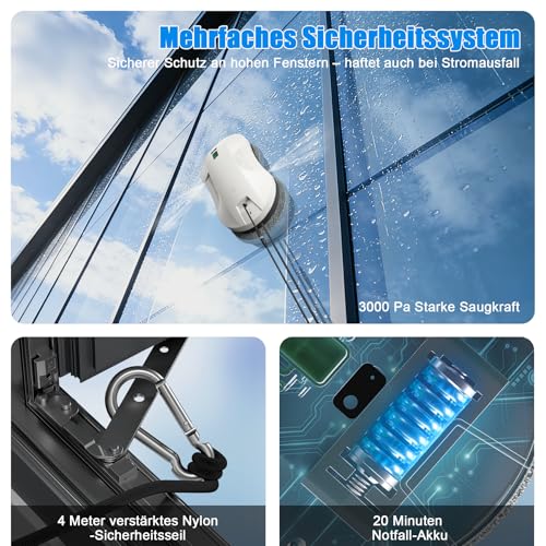 Window Cleaning Robot with Automatic Spray Function, Intelligent Navigation & Edge Detection, 3 Cleaning Modes, Remote Control, 70 ml Tank, Safety & UPS for Windows, Glass, Mirrors, Tiles