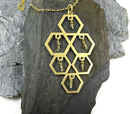 Unique Pendant Necklace, 14K Gold Plated Statement Beaded Hexagons Beehive Bohemian Necklace, Artisan Handmade Urban Style Jewelry