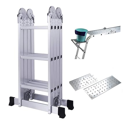 EQUAL Foldable And Adjustable Multipurpose Aluminium 4 X 3 Steps Super Ladder/Working Bench Table 350 Cm (11.5 Ft) (With Scaffolding Platform & Shelf)