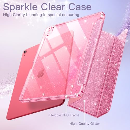 JETech Glitter Case for iPad (A16) 11th/10th Generation (2025/2022) with Pencil Holder, Cute Sparkly Slim Case for Boys and Girls, Shell Back Clear Sparkle (Pink)