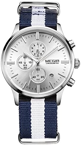 Men's Chronograph Wrist Watches Sport Military Big Face White Dial Watches for Men Waterproof Nylon Strap