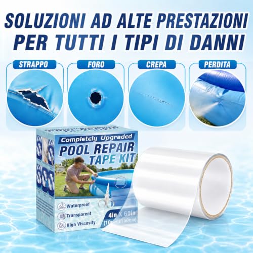 HuakChai Kit Riparazione Piscina, Nastro Impermeabile Subacqueo, Set di Toppe Autoadesive in PVC per Piscine (10x150 cm) con Forbici e Spatola, per Piscine Gonfiabili, Gommoni e Materassini ad Aria