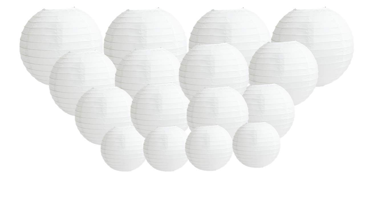 16 PCS Paper Lanterns, Round White Paper Lantern with Wire Ribbing, Different Sized White Lampshades, 4" 6" 8" 10" Paper Lampshades for Weddings, Parties, Celebrations, Patios and Rooms