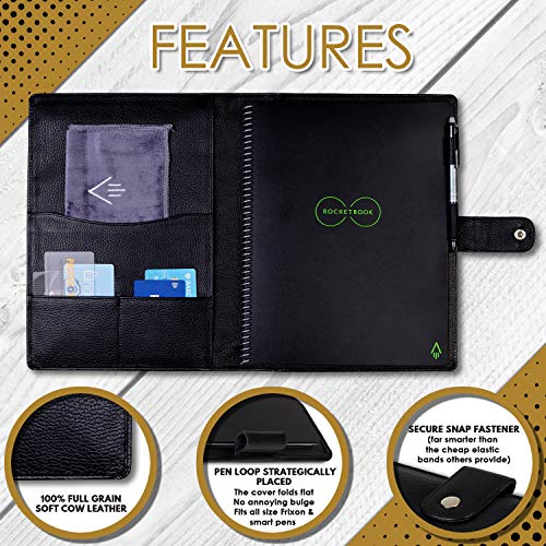 Genuine Leather Rocketbook Cover Everlast - Letter Size Notebook Cover with Pen Holder and Pockets for Business and Credit Cards - A4 Size Soft Black Leather Cover - Thumbnail 3