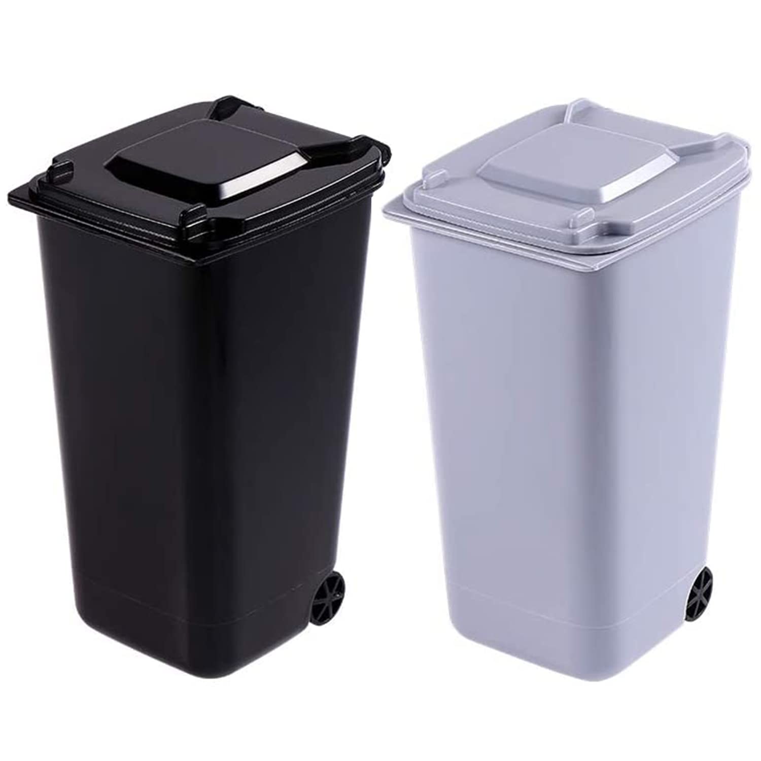 TAIANJI 2PCS Plastic Mini Wastebasket, Desktop Trash Can Desktop Bin With Swing Lid And Wheels, Plastic Small Dustbin Multifunctional Pen Holder Suitable for Office Dressing Table Bedroom Items