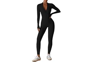 Ecupper Womens One Piece Workout Jumpsuit Zip Up Bodysuit Long Sleeve Yoga Rompers Full Length Sports Gym Shapewear