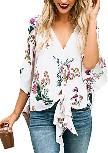 LOSRLY Women Floral Printed Tie Front V Neck Short Sleeve Tops Summer Blouses