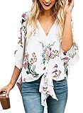 LOSRLY Women Floral Printed Tie Front V Neck Short Sleeve Chiffon Tops Summer Blouses-White S 4 6