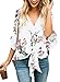LOSRLY Women Floral Printed Tie Front V Neck Short Sleeve Chiffon Tops Summer Blouses-White S 4 6
