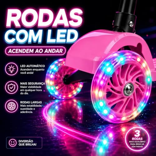 Patinete Infantil 3 Rodas Com LED Colorido, Dobrável Com Altura Ajustável Suporta até 40 kg Para Menino e Menina - CIRCUS