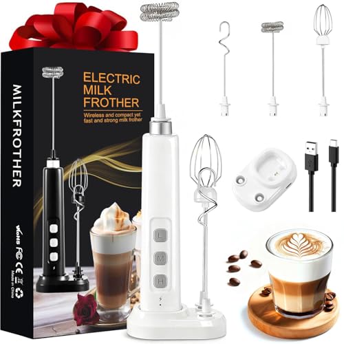 ENGREPO Espumador de Leche Eléctrico Recargable USB, Batidor de Cafe para Hacer Espuma,3 Velocidades con 3 Batidores Acero Inoxidable, Batidor Electrico de Mano Para Capuchino, Latte, Matcha (Blanco)