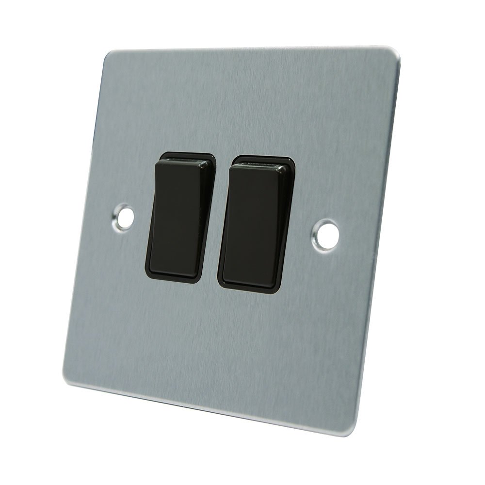 AET FSC2GSWIBL Satin Chrome Flat Black Insert Plastic Rocker Switches-10 Amp Double 2-Gang 2 Way Light Switch, 240 V