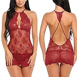 Avidlove Women Babydoll Lingerie Lace Chemise Halter Nightwear Teddy Dress Dark Red L