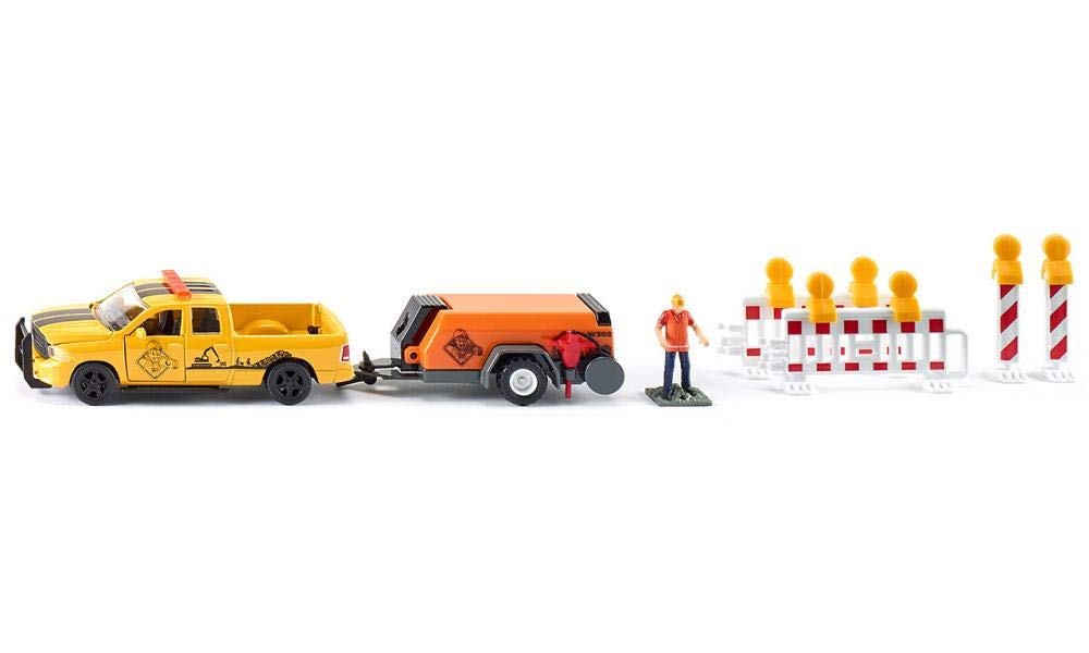 siku 3505, RAM 1500 Pick-Up with Compressor Trailer, 1:50, Metal,Plastic, Yellow,Orange, Incl. barriers and toy figure