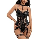 CHALOVELO Sexy Lingerie for Women Lace-up PU Leather Bodysuit Snap Crotch Teddy Underwire Rave Lingerie Outfits with Garter