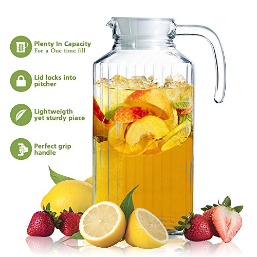 Set of 2 Glass Pitchers with Lid and Spout, 1.8 Liters Ribbed Design Fridge Door Water Dispenser with Handle for Chilled Beverages, Homemade Juice, Iced Tea
