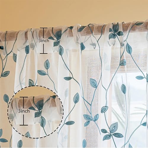 2 Panels Leaf Pattern Semi-Sheer Curtains, 137 x 213 CM Floral Foliage Embroidered Voile Window Drapes for Bedroom & Living Room, Rod Pocket Design, White & Teal