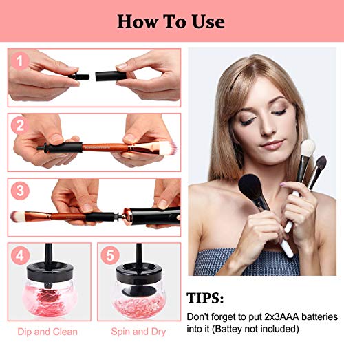 GTESCO Makeup Brush Cleaner Dryer Electric Automatic Cosmetic Brush Cleaning Device Tools Kit Machine Spinner 360º Rotation with 8 Rubber Fit All Size Brushes