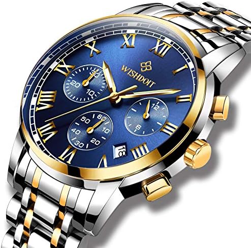 WISHDOIT Mens Watches Waterproof Stainless Steel Sport Military Date Chronograph Analog Quartz Brand Watch Casual Business Black Wristwatch for Men